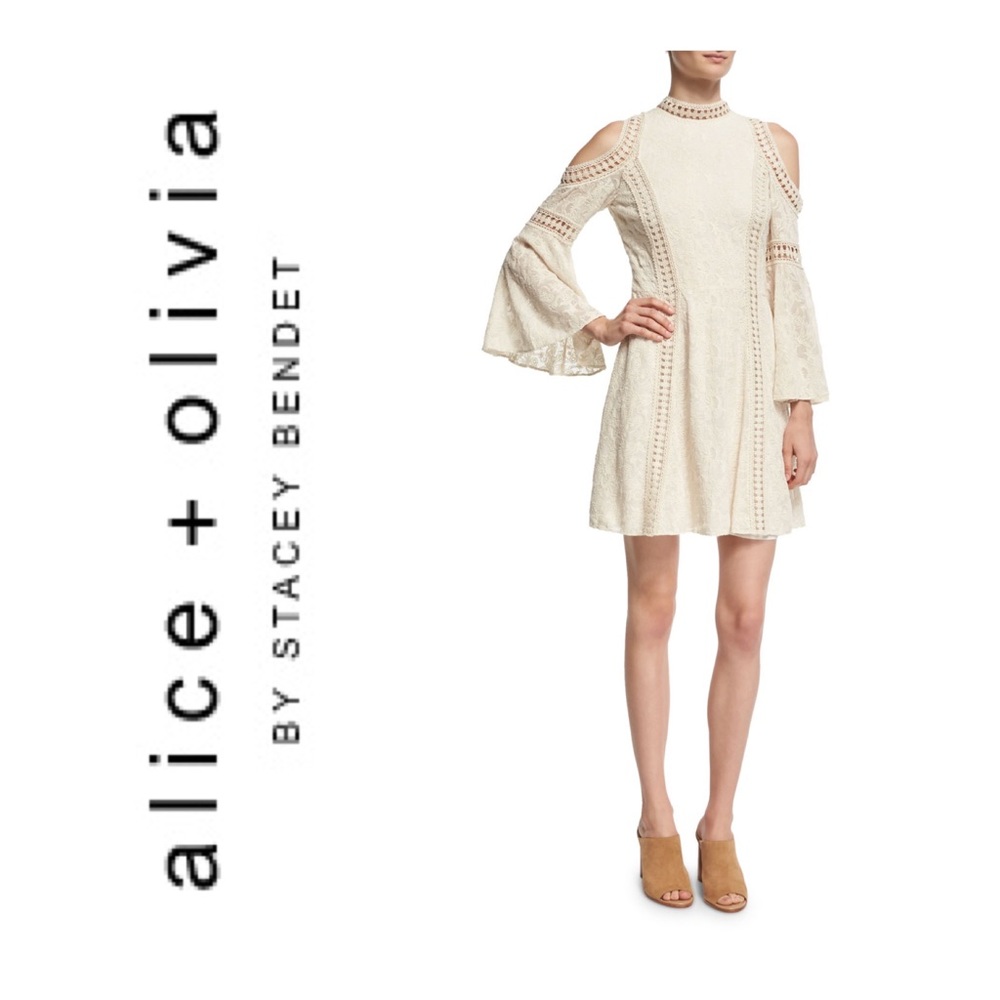 Alice + Olivia Cream Cold-Shoulder Lace A-Line Dress